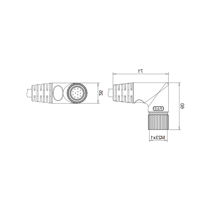 M23 12Pin, female 90°, single-end precast PUR flexible cable, black护套、68BB41-XXX